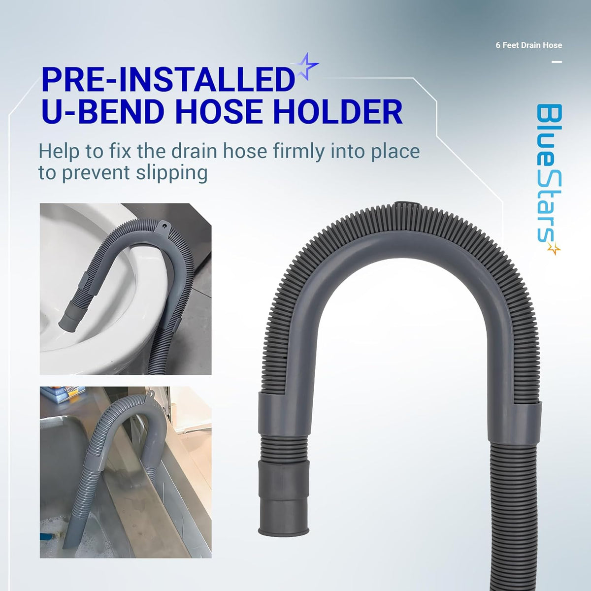 Flexible corrugated drain hose with pre-installed U-bend holder for dishwasher and washing machine installation.
