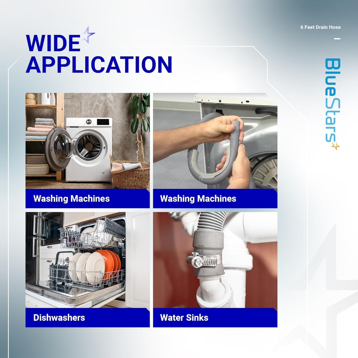 Infographic showing universal drain hose applications for washing machines, dishwashers, and sink drainage systems.