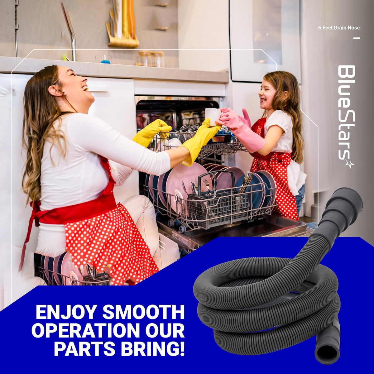 6-foot flexible corrugated drain hose for dishwasher and washing machine in a lifestyle product advertisement.