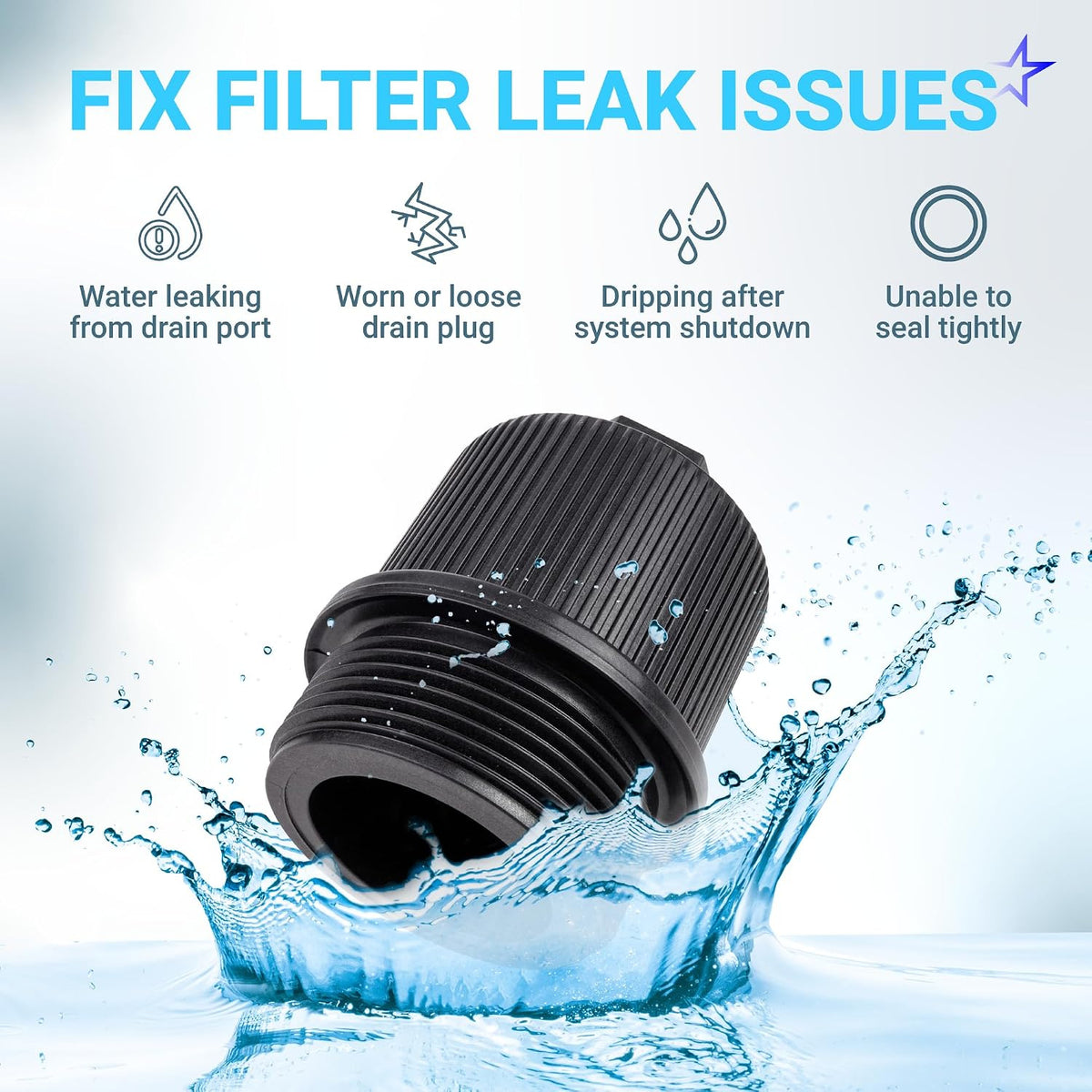 190030 pool filter drain plug cap assembly shown with water splash and filter leak issue icons