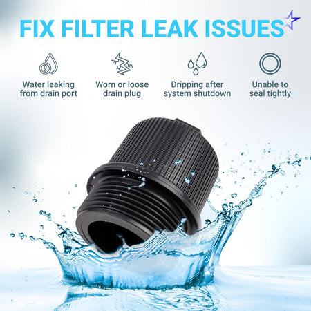 190030 pool filter drain plug cap assembly shown with water splash and filter leak issue icons