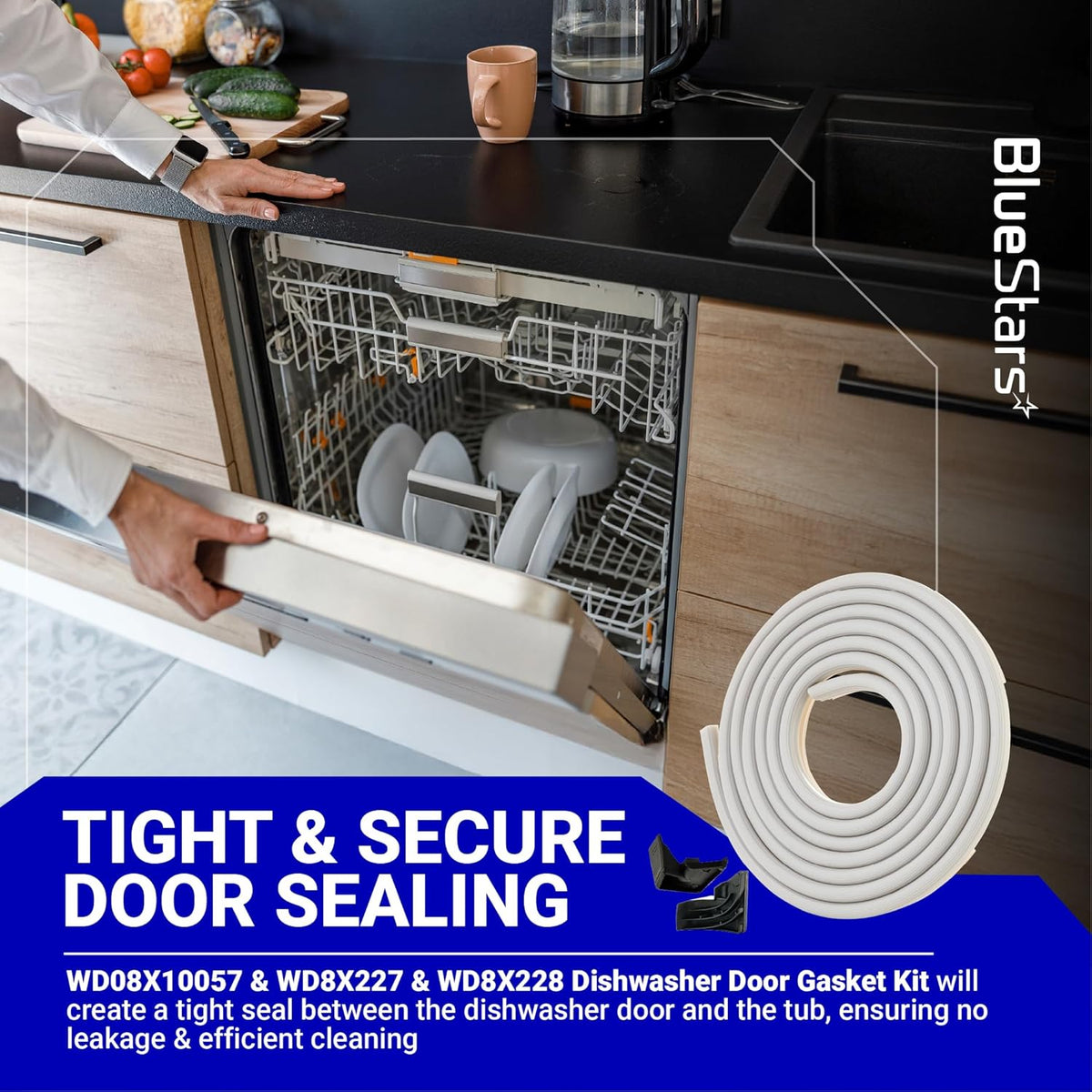 WD08X10057 dishwasher door gasket seal and tub corner baffle kit for GE, Kenmore, and Hotpoint dishwashers.