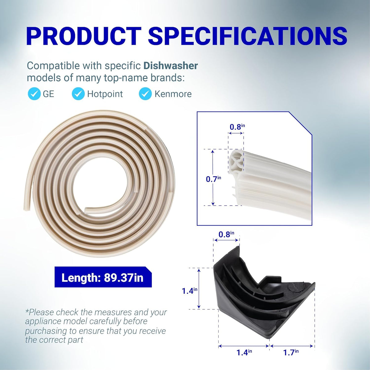 Specification chart for WD08X10057 dishwasher door gasket seal and tub corner baffles with dimensions.
