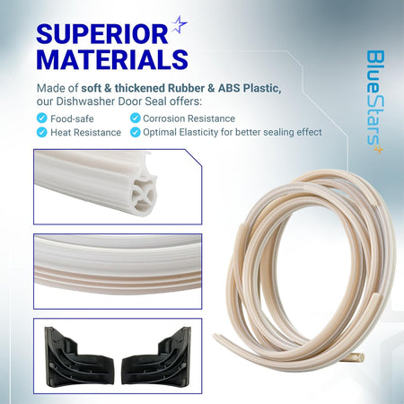 WD08X10057 dishwasher door gasket seal and tub corner baffles with material and feature infographic.