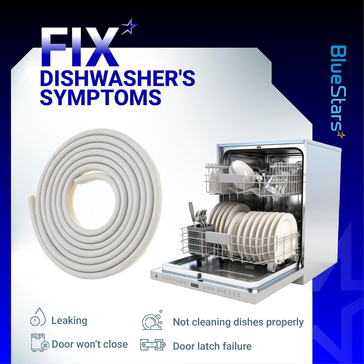 WD08X10057 dishwasher door gasket seal coiled with dishwasher illustration showing common repair symptoms.