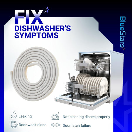 WD08X10057 dishwasher door gasket seal coiled with dishwasher illustration showing common repair symptoms.