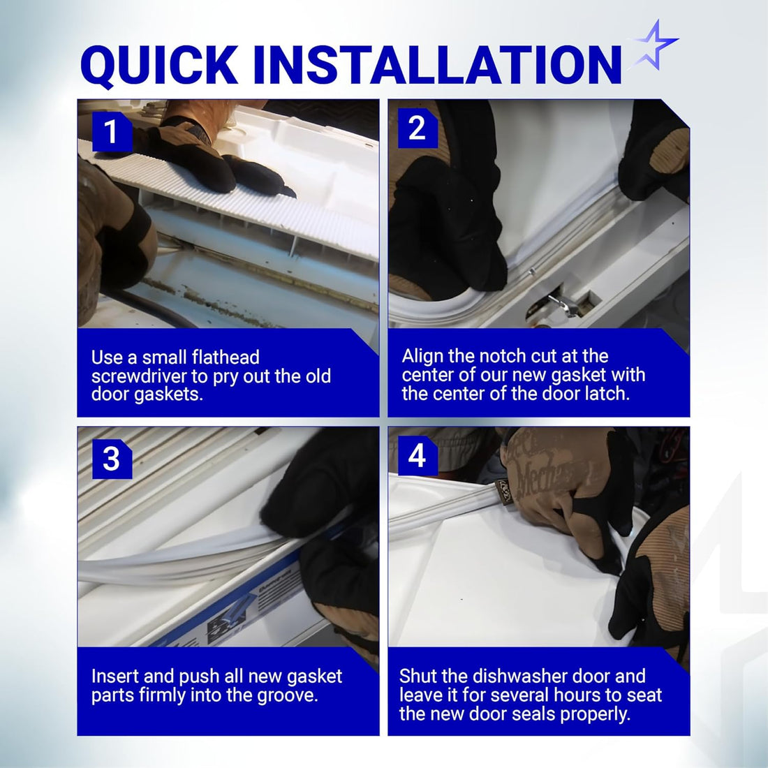 Four-step installation guide for WD08X10057 dishwasher door gasket seal replacement.