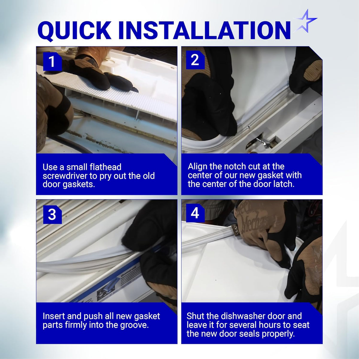 Four-step installation guide for WD08X10057 dishwasher door gasket seal replacement.