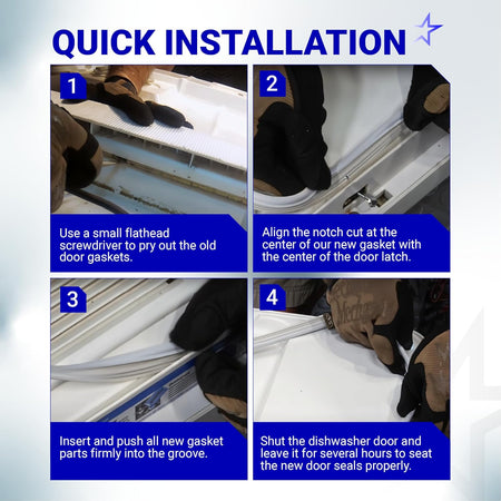 Four-step installation guide for WD08X10057 dishwasher door gasket seal replacement.