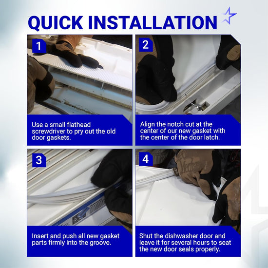 Four-step installation guide for WD08X10057 dishwasher door gasket seal replacement.