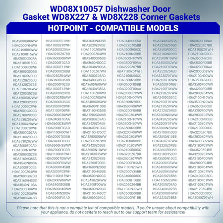 Compatibility chart for WD08X10057 dishwasher door gasket and corner baffle kit for Hotpoint models.