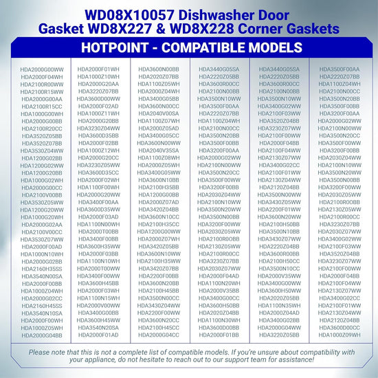 Compatibility chart for WD08X10057 dishwasher door gasket and corner baffle kit for Hotpoint models.