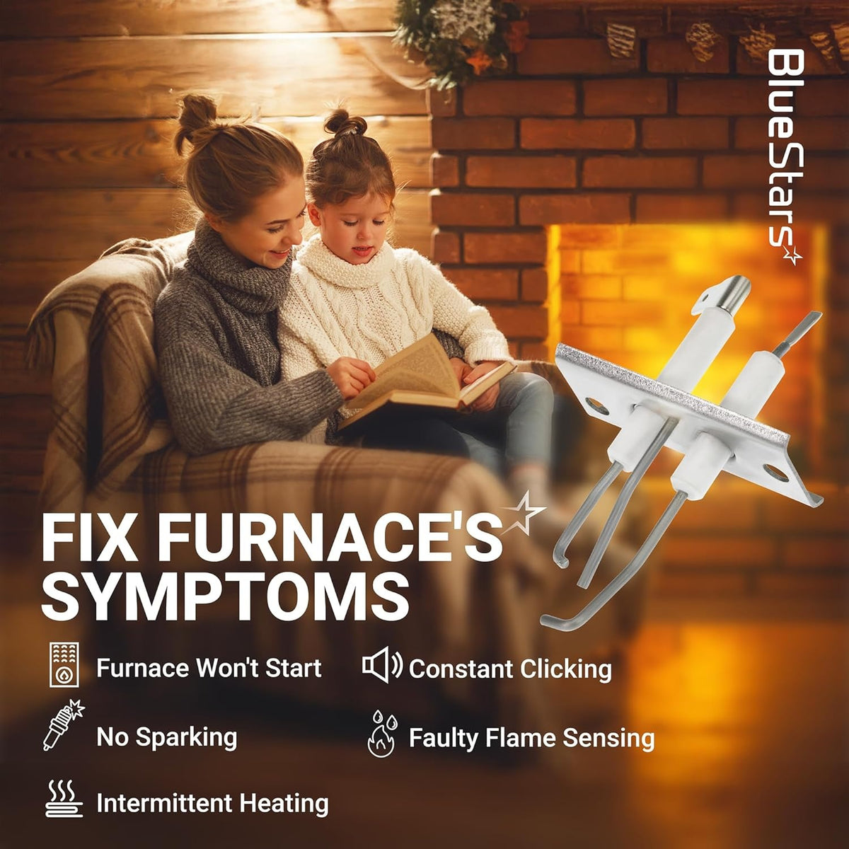 RV furnace igniter electrode replacement part for Suburban NT series with troubleshooting symptoms infographic.