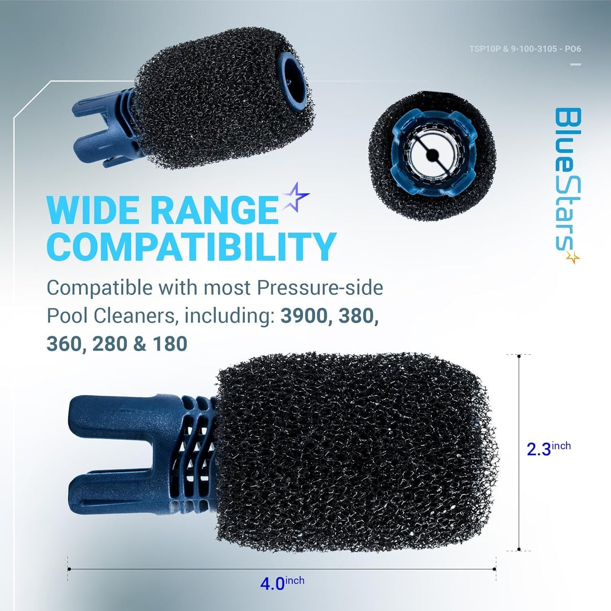 Sweep hose scrubber replacement for Polaris pool cleaners showing dimensions and compatibility details.