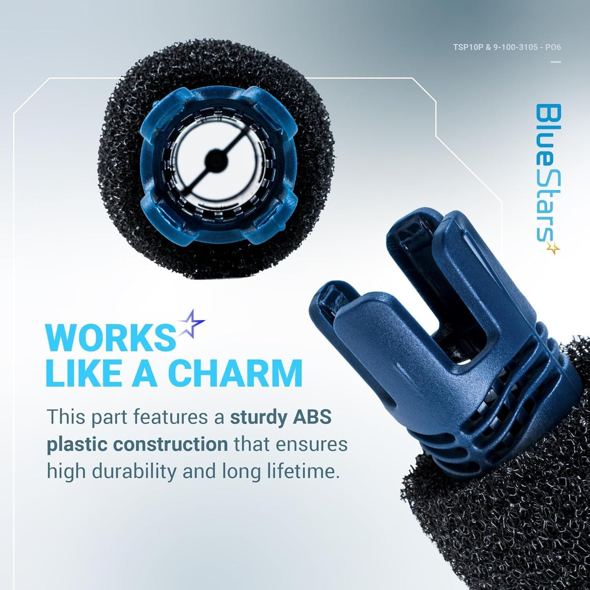 Close-up of BlueStars sweep hose scrubber replacement part with durable ABS plastic construction for pool cleaners.