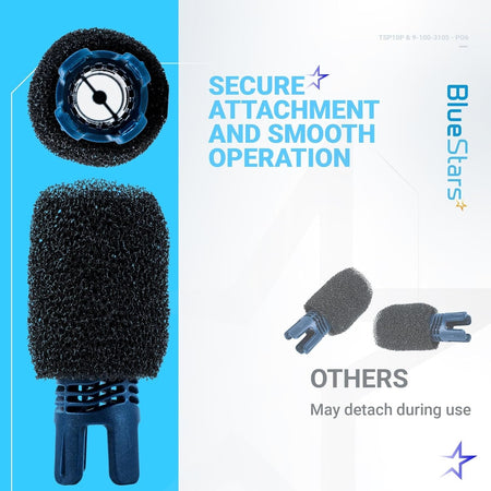 BlueStars pool sweep hose scrubber showing secure attachment design compared to standard scrubbers.