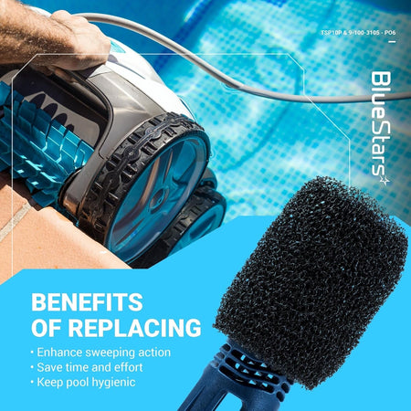 Black sweep hose scrubber for Polaris pool cleaners shown with a pool cleaner and replacement benefits text.