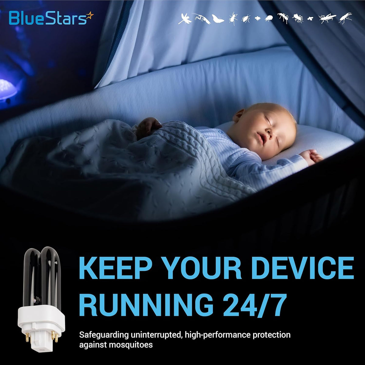 Replacement 7W 41050 UV light bulb for DynaTrap insect trap shown in a lifestyle graphic with a sleeping baby.