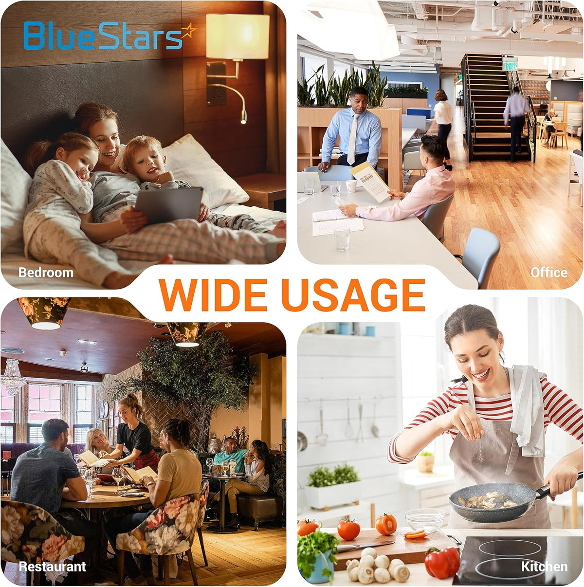 Collage showing wide usage of DynaTrap replacement UV light bulbs in bedroom, office, restaurant, and kitchen settings.