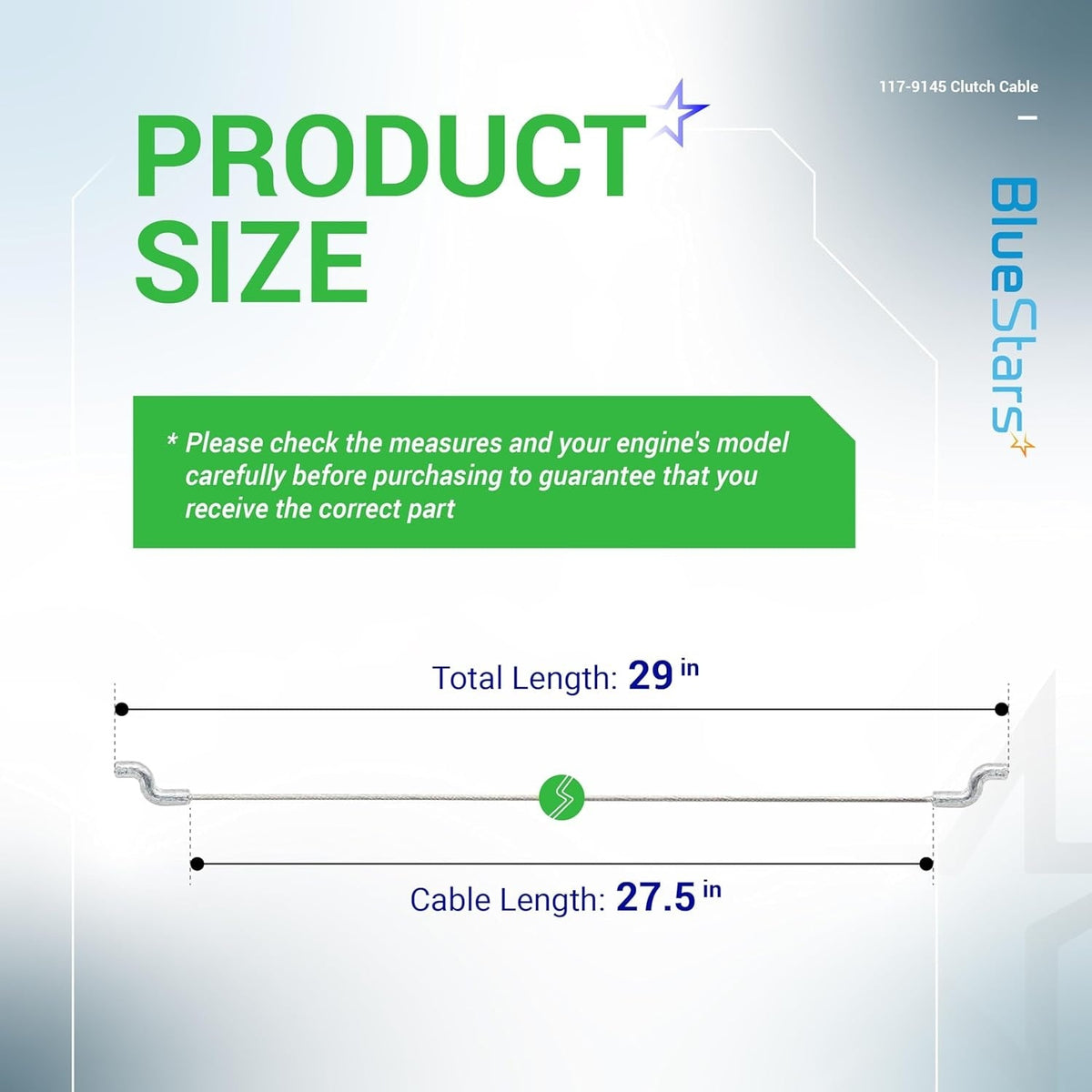 Diagram showing dimensions of 117-9145 clutch cable for Toro snow throwers with 29-inch total and 27.5-inch cable length.