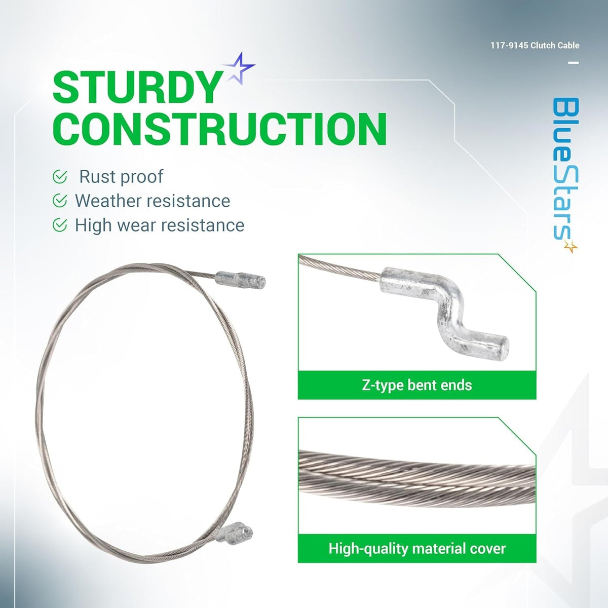 117-9145 clutch cable for Toro snow throwers featuring Z-type bent ends and durable wire construction.