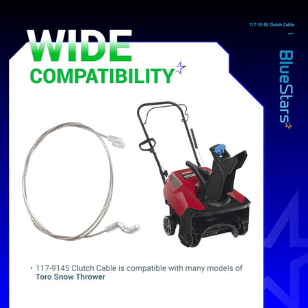 117-9145 clutch cable for Toro snow throwers shown with a compatible snow blower model.