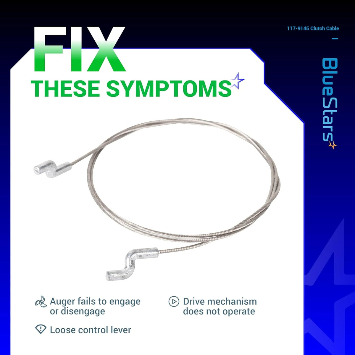 117-9145 replacement clutch cable for Toro snow throwers shown with troubleshooting symptom guide.