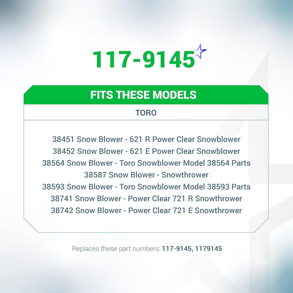 Compatibility list for 117-9145 clutch cable for Toro snow thrower models.