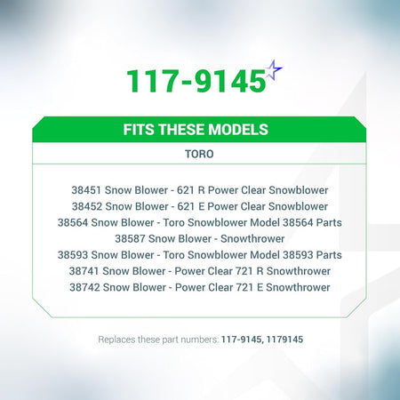 Compatibility list for 117-9145 clutch cable for Toro snow thrower models.