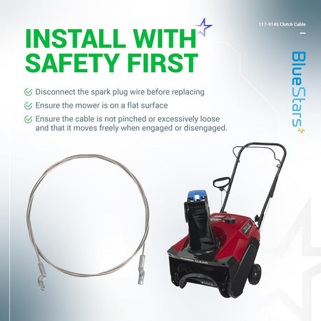 117-9145 clutch cable for Toro snow throwers with safety installation instructions and compatible snow blower image.