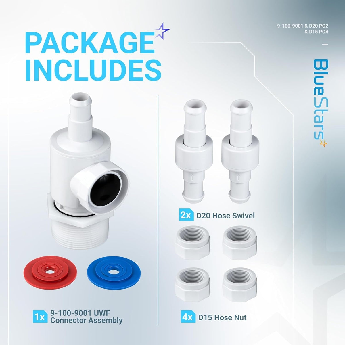 Package contents for 9-100-9001 UWF connector assembly, two D20 hose swivels, and four D15 feed hose nuts.