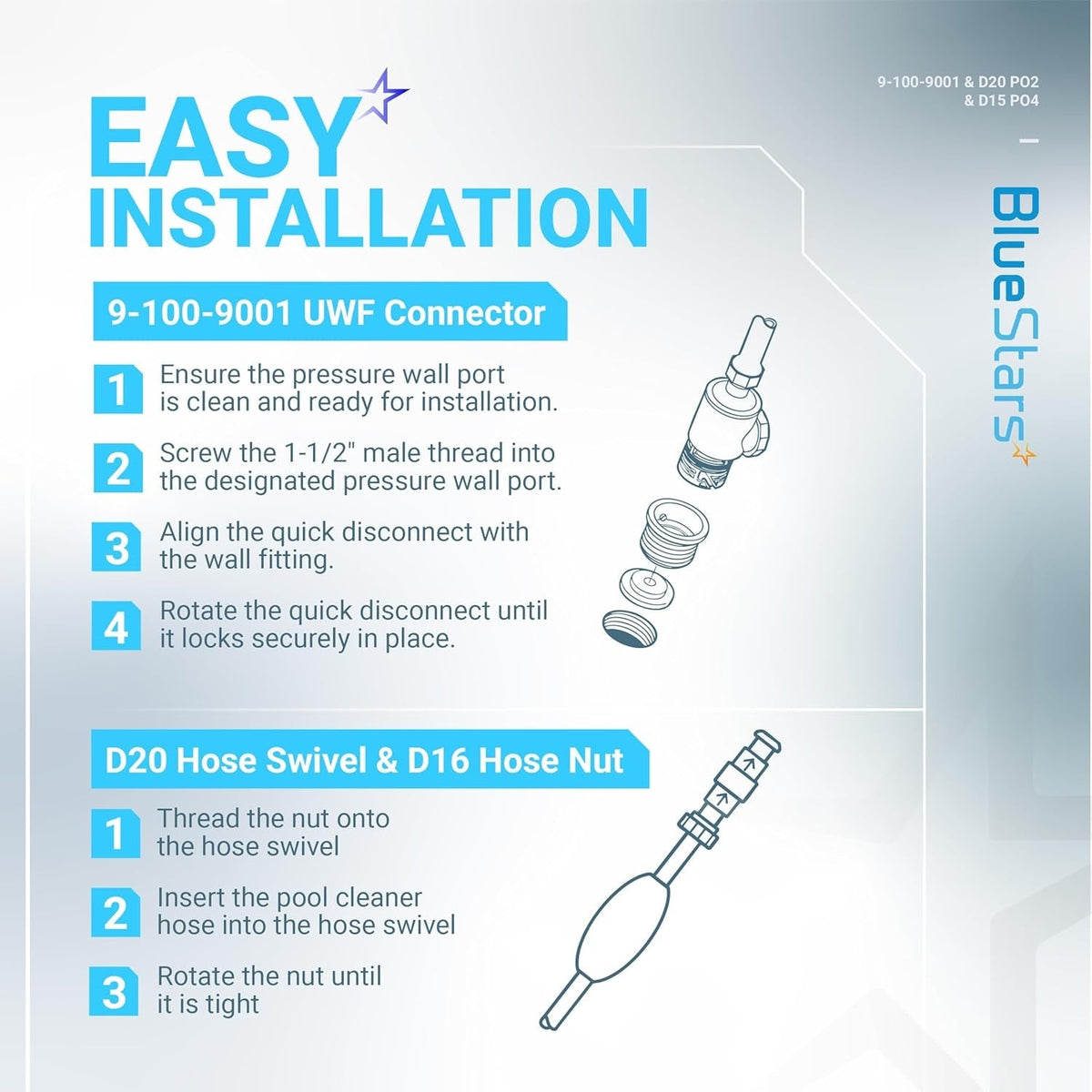 Installation guide for 9-100-9001 UWF connector assembly, D20 hose swivel, and D15 feed hose nut.