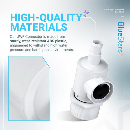 White UWF Connector Assembly for pool cleaner hose, made of durable ABS plastic.