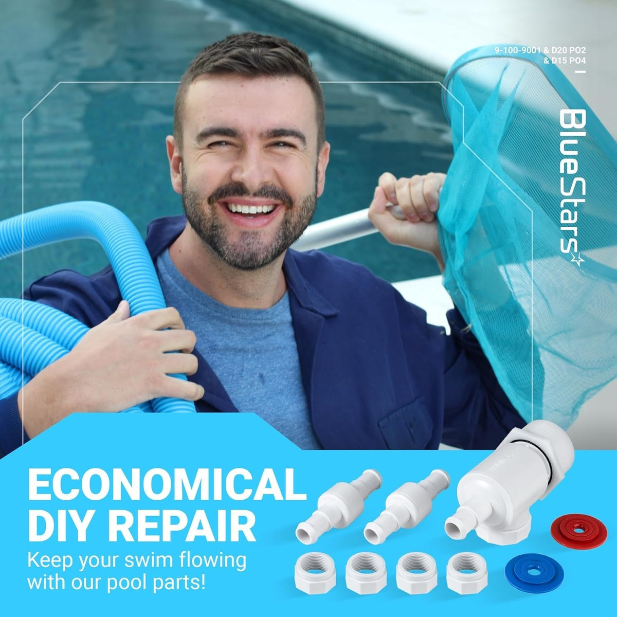 9-100-9001 UWF connector assembly, D20 hose swivels, and D15 feed hose nuts for pool cleaner repair.