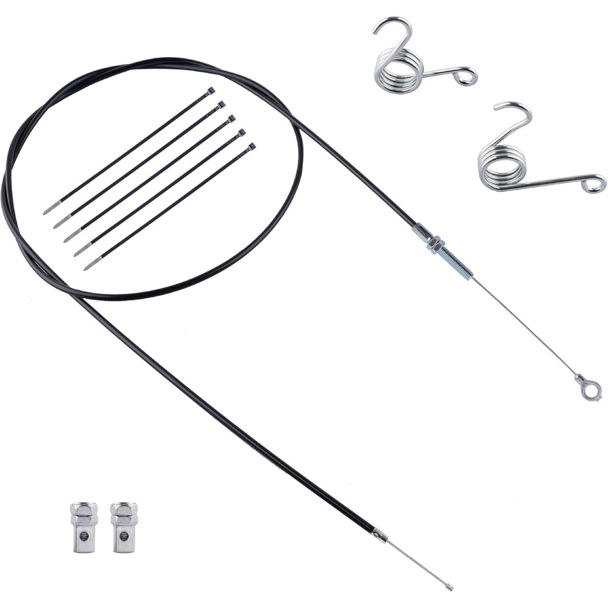 75-inch go kart throttle cable kit with return springs, cable ties, and barrel adjusters.