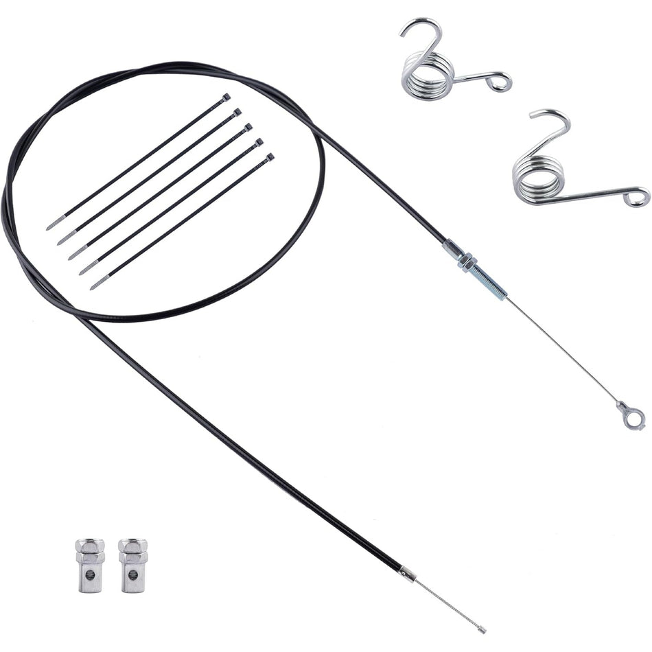 75-inch go kart throttle cable kit with return springs, cable ties, and barrel adjusters.