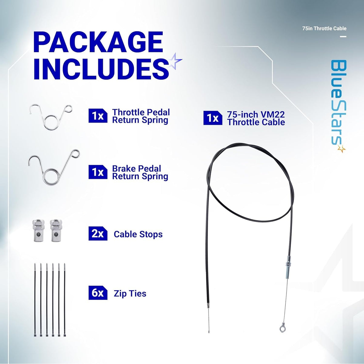 Package contents for 75-inch go kart throttle cable kit including return springs, cable stops, and zip ties.