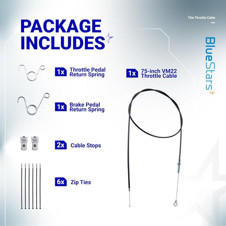 Package contents for 75-inch go kart throttle cable kit including return springs, cable stops, and zip ties.