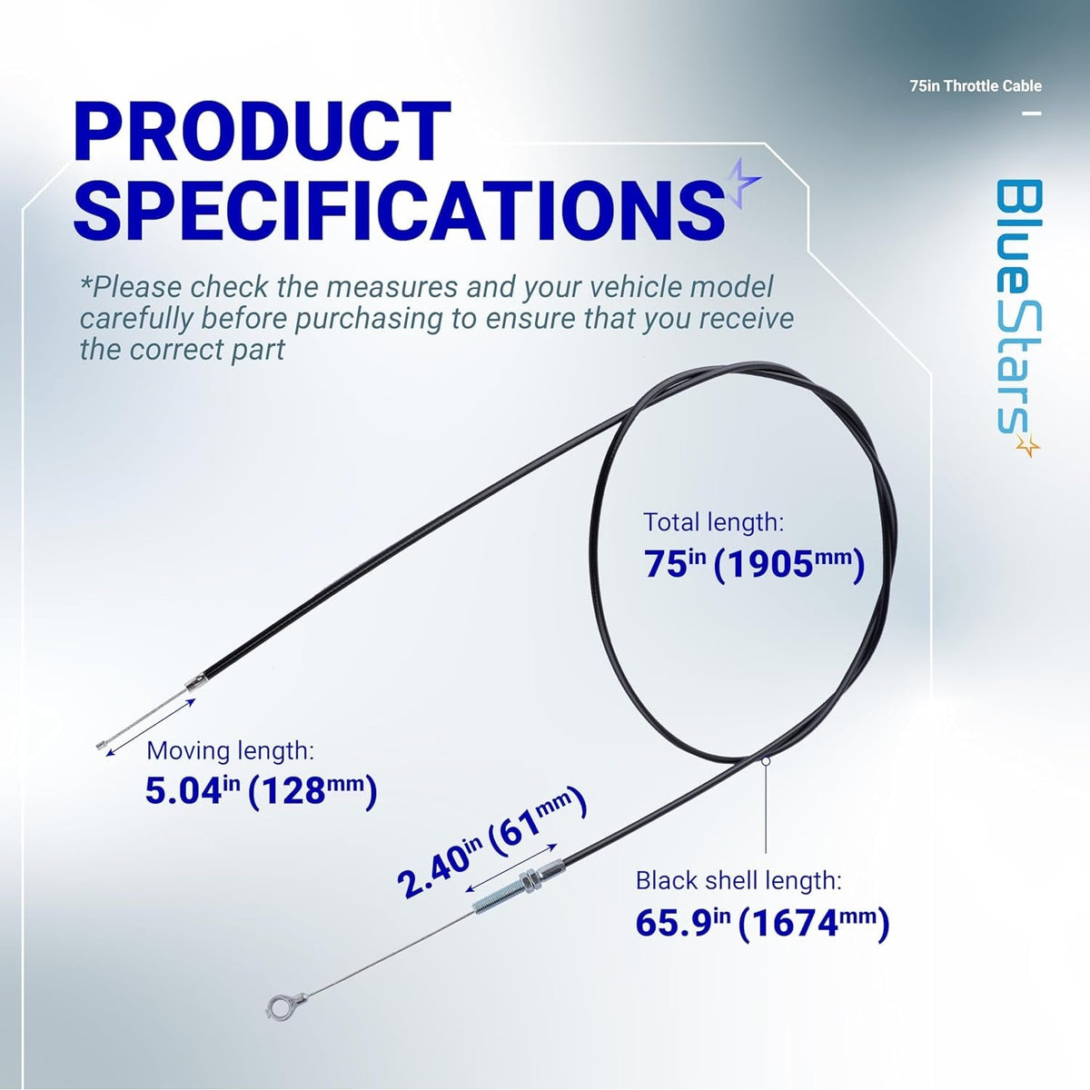 Specification diagram for 75-inch go kart throttle cable showing total, moving, and black shell length measurements.