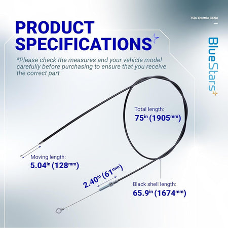 Specification diagram for 75-inch go kart throttle cable showing total, moving, and black shell length measurements.