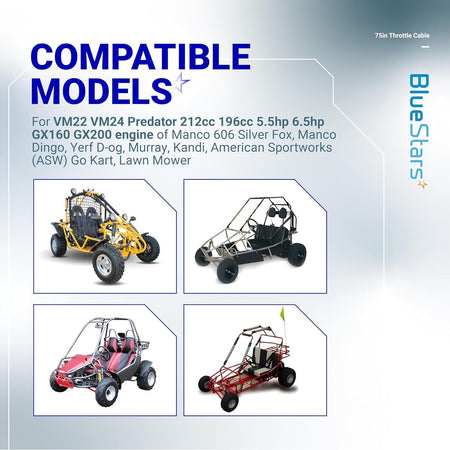 Compatibility chart for 75-inch go kart throttle cable showing various compatible go kart models and engines.