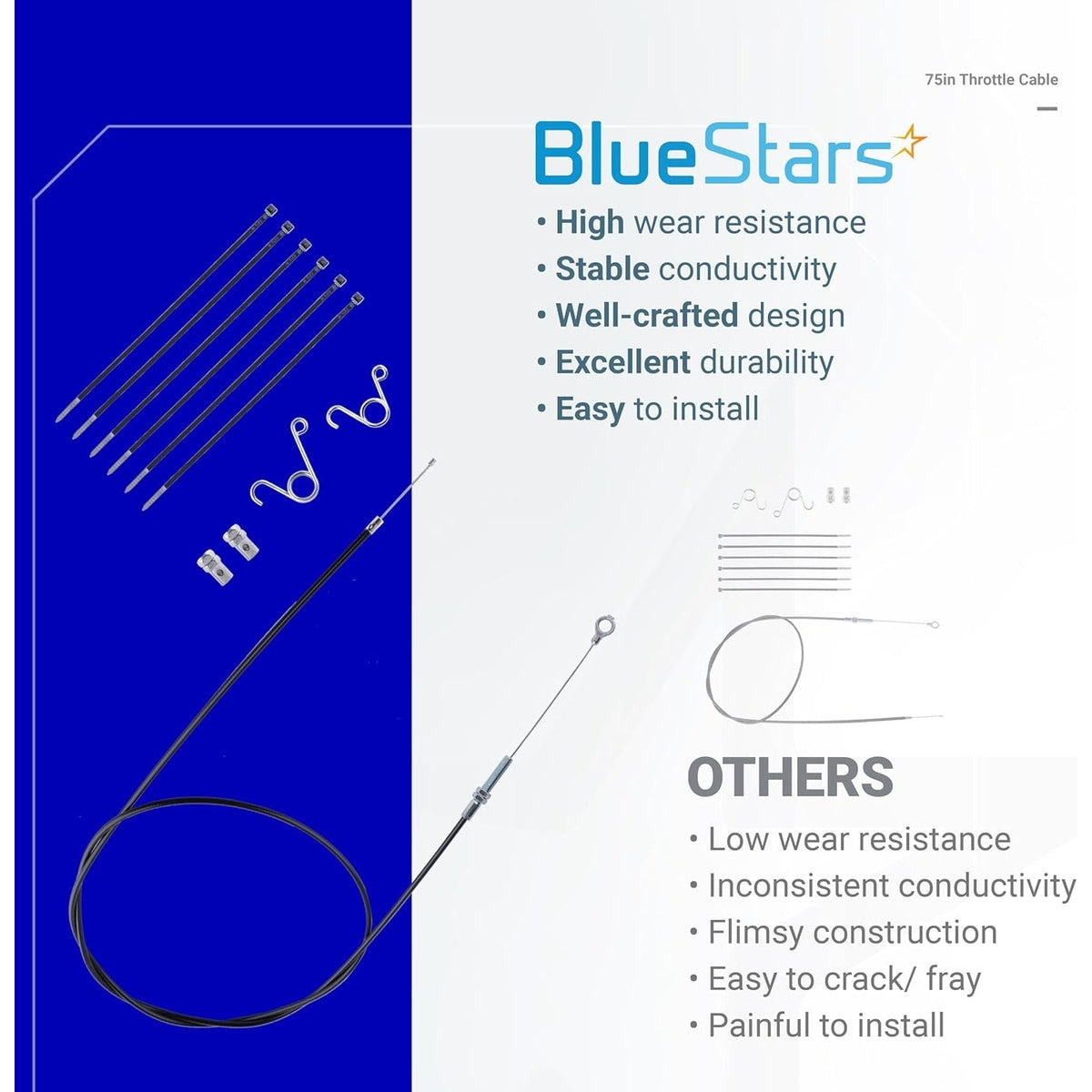 75-inch go kart throttle cable kit with mounting hardware and zip ties in a comparison infographic.