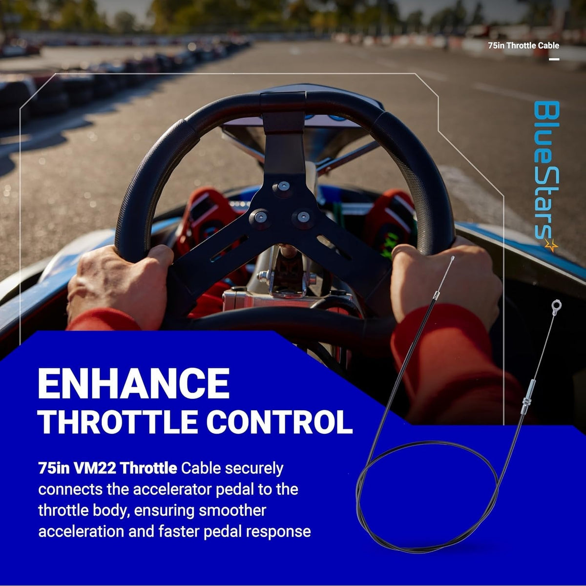 75-inch go kart throttle cable shown in a promotional graphic with a driver behind the steering wheel.