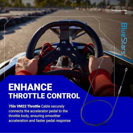 75-inch go kart throttle cable shown in a promotional graphic with a driver behind the steering wheel.