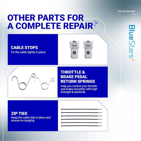 Go Kart throttle cable repair kit components including cable stops, return springs, and zip ties.