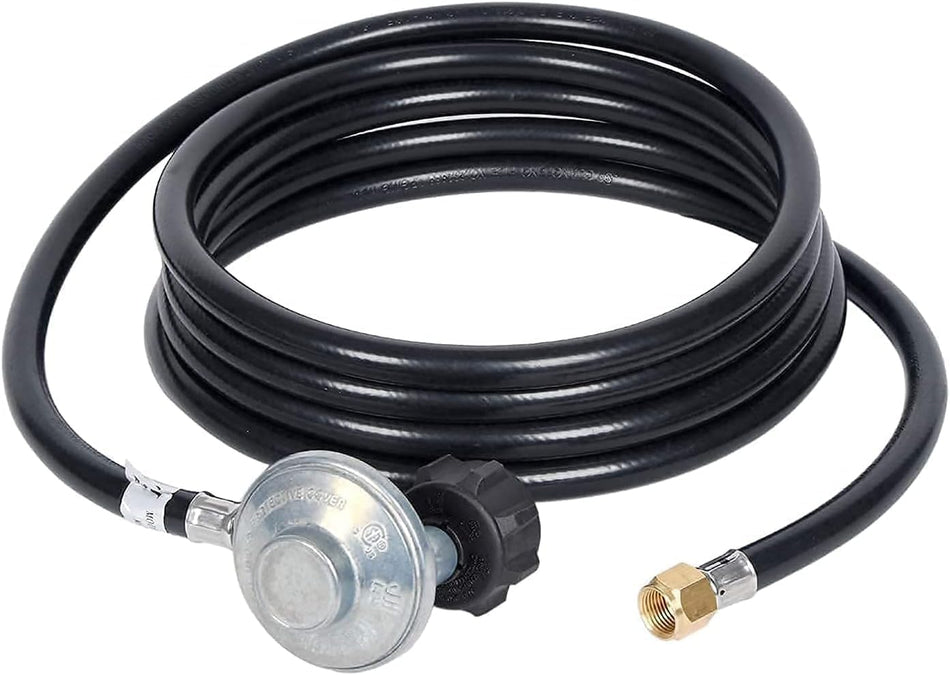 12-foot low pressure propane hose with QCC1 regulator and 3/8-inch female flare nut fitting.