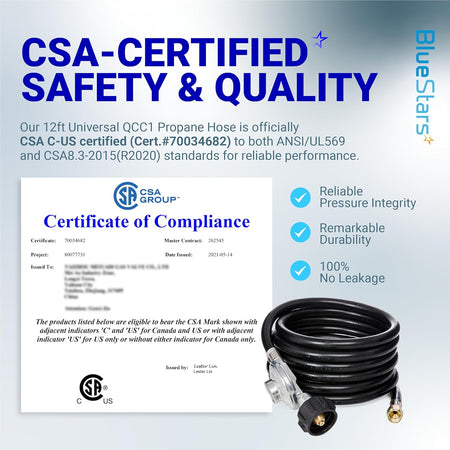 CSA-certified 12ft QCC1 propane regulator and hose with compliance certificate documentation.