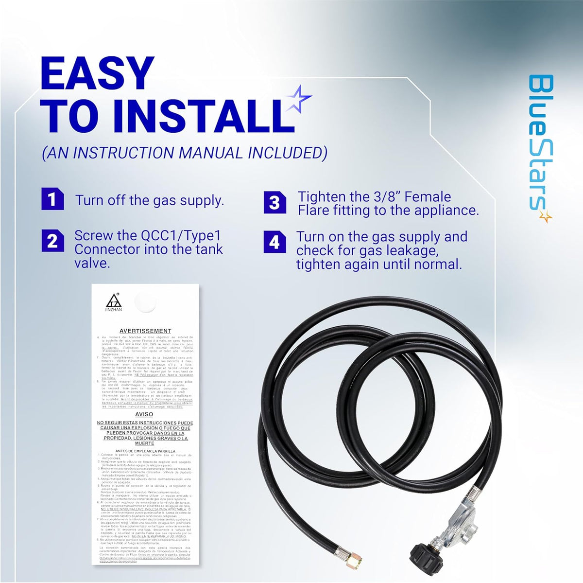 Installation guide for 12-foot universal QCC1 propane regulator hose with 3/8-inch female flare nut.