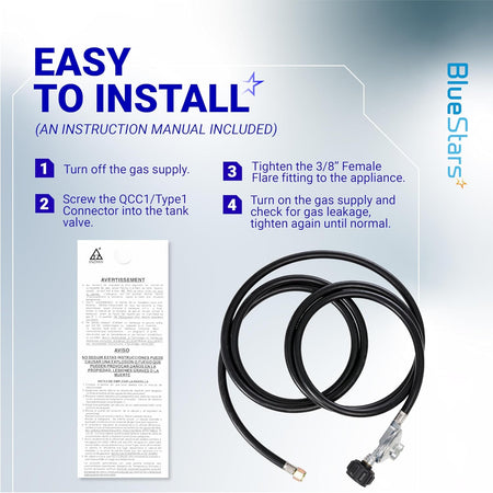 Installation guide for 12-foot universal QCC1 propane regulator hose with 3/8-inch female flare nut.