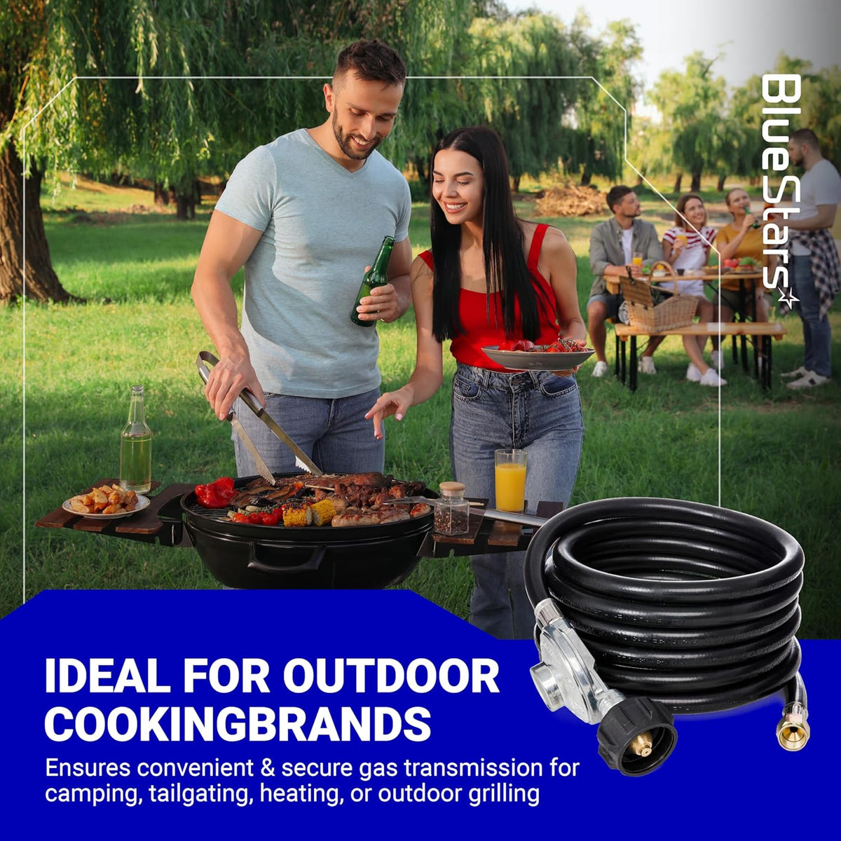 12-foot universal QCC1 low pressure propane regulator and hose with 3/8-inch female flare nut for outdoor grilling.